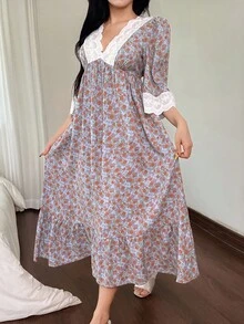 DAZY Romantic Floral Lace Patchwork V-Neck Waist Cinched Women's Nightgown, Fall Pajama, Winter - Mauve Purple - View 5