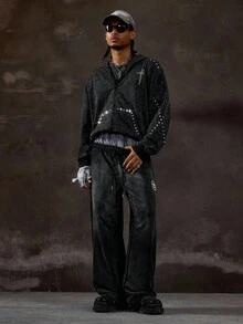 ROMWE MEN Grunge Punk Pantalones sueltos casuales con cordón y bordado para hombres, para el otoño - Multicolor - Ver 6