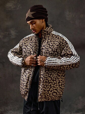 Street Life Veste décontractée à col zippé avec rayures latérales et imprimé léopard pour hommes, pour l'automne