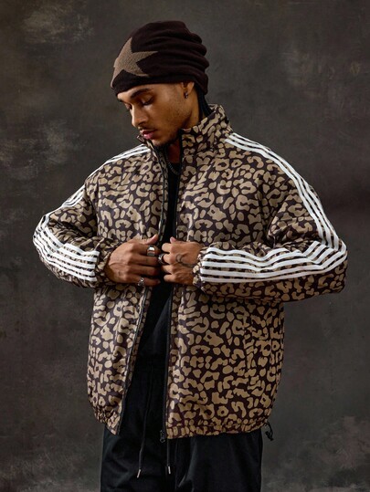 Street Life Chaqueta casual de hombre con estampado de leopardo, cuello con cremallera y rayas laterales para el otoño