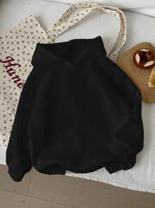 SHEIN Happikins Young Girls Casual Minimalist Comfortable Loose Fit Hooded Long Sleeve Thick Sweatshirt, Suitable For Autumn/Winter Fall - Black - View 2