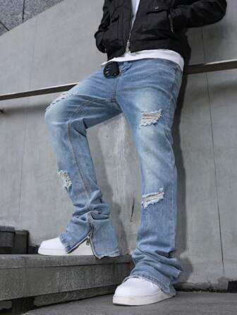 Manfinity Roughcore Calça Jeans Casual Masculina Desgastada e Lavada