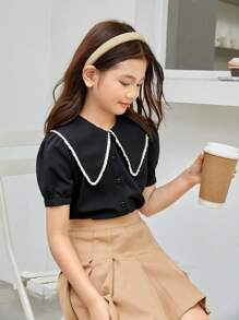 SHEIN Tween Girl Sailor Collar Puff Sleeve Shirt