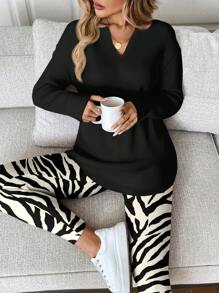 SHEIN LUNE Bộ 2 áo thun dài tay và quần legging cho nữ, Bộ đồ mặc nhà họa tiết ngựa vằn thu/đông, Bộ đồ mặc nhà đen trắng 2 món, Bộ đồ mặc nhà cho nữ, Bộ đồ 2 món cho nữ, Mùa thu - Nhiều màu - Xem 1
