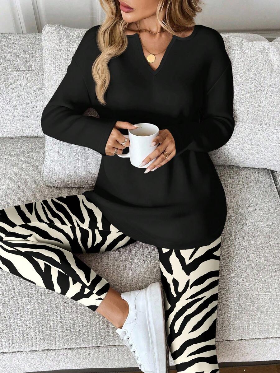 SHEIN LUNE Bộ 2 áo thun dài tay và quần legging cho nữ, Bộ đồ mặc nhà họa tiết ngựa vằn thu/đông, Bộ đồ mặc nhà đen trắng 2 món, Bộ đồ mặc nhà cho nữ, Bộ đồ 2 món cho nữ, Mùa thu - Nhiều màu - Xem 1