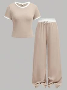 SHEIN Girlism Bộ áo thun bó sát dệt kim màu tương phản dành cho bé gái tuổi teen và quần cạp chun rộng rãi, trang phục thể thao đường phố, phù hợp cho mùa xuân/hè, trường học, bóng đá, hoạt động ngoài trời - Màu Khaki - Xem 14