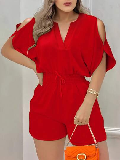 INAWLY 女士优雅度假系带蝴蝶结喇叭袖休闲连体裤