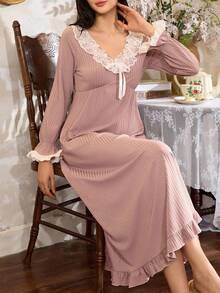 女士优雅荷叶边撞色蕾丝法式长袖睡袍睡裙，秋季 - 藕粉色 - 查看 6