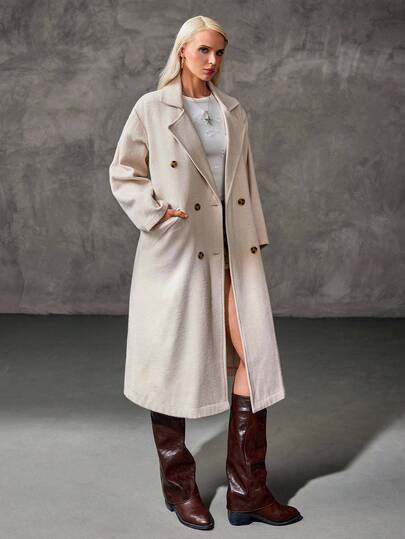 CasuGlow Manteau long croisé à l'aspect laine - Élégant manteau d'hiver, style citadin chic, extérieur parisien minimaliste, indispensable pour les femmes de bureau