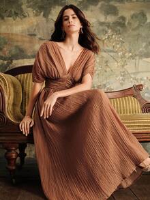 Anewsta Đầm dài cổ chữ V, tay nhún vai, eo thắt eo cho nữ, thích hợp cho kỳ nghỉ ở bãi biển, mùa xuân/hè - màu nâu - Xem 5