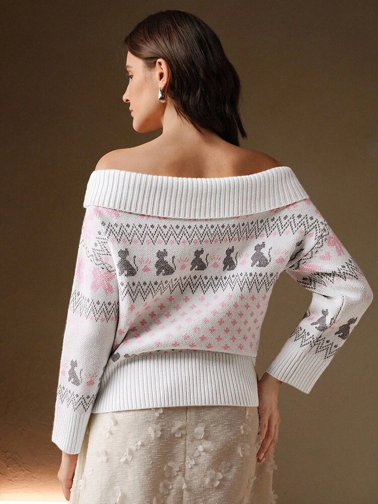 New Stylish Off Shoulder Jacquard Long Sleeve Sweater, Suitable For Autumn, Fall, Winter, Going Out, Elegant, Formal, Chic, New Year, Christmas, Graduation, Casual