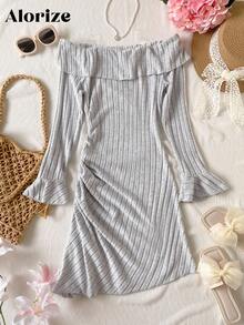 Teen Girl Off Shoulder Casual Knit Ribbed Fabric Flare Sleeve Snug Fit Asymmetric Hem Mini Dress, Suitable For Daily Casual And Holiday Wear In Autumn - Grey - View 2