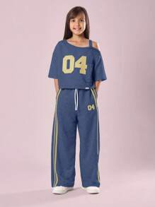 SUMWON 露肩两件套短款上衣和阔腿裤套装运动俱乐部校队号码印花配套服装秋冬系列 - 藏蓝色 - 查看 1