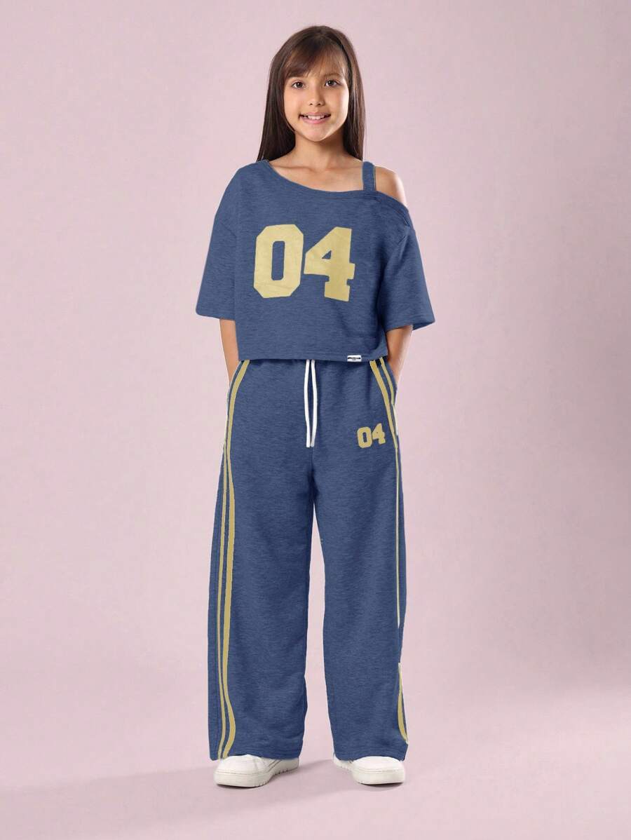 SUMWON 露肩两件套短款上衣和阔腿裤套装运动俱乐部校队号码印花配套服装秋冬系列 - 藏蓝色 - 查看 1