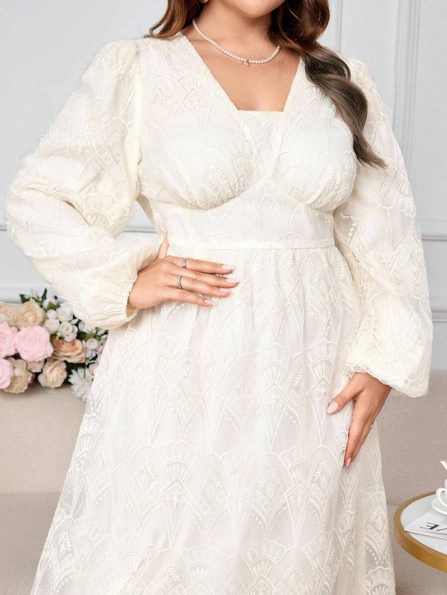 Modelyn Vestido de Renda de Cor Sólida Elegante para Festa em Plus Size - Damasco - Visão 1