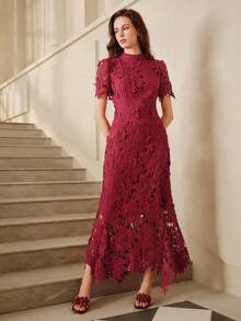 Savoree Lace Trim Fitted Mini Dress For Women Burgundy Maxi Women Outfit - View 4