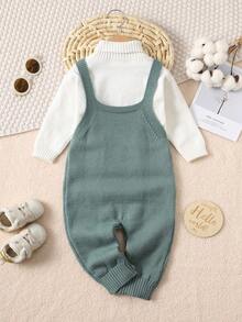 SHEIN 新生男婴/女婴幼儿秋冬服装：绿色针织连体衣、工装裤、毛衣，舒适、百搭、时尚、可爱、复古、经典、简约设计基础款，适合室内、户外、滑雪、日常穿着、运动、玩耍、派对、拍照、度假