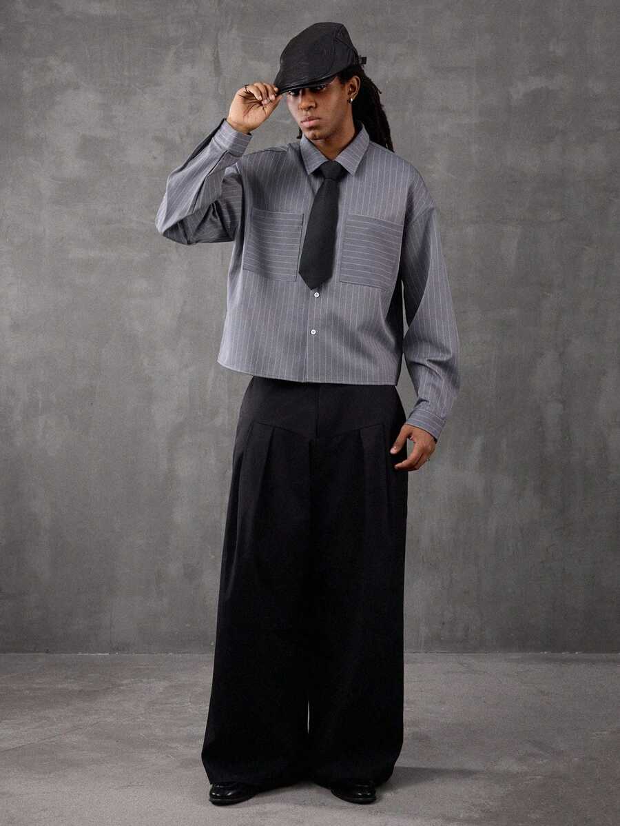 PAVTROS 男士条纹落肩前扣短款时尚长袖衬衫，秋季 - 彩色 - 查看 1