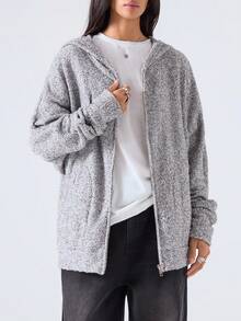 LYSMO 2025 Women Grey Autumn Casual Occasion Zip Up Hoodie,Minimalism Batwing Sleeve Hooded Regular Coat, Back To School Streetwear Graduation - Black - View 3