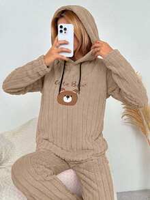 Women's Cartoon Letter Embroidered Hooded Sleepwear Top, Autumn/Winter