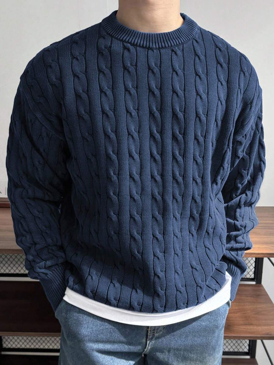 DAZY Navy Blue Cable Cable Knit Sweater For Men, Autumn/Winter - Royal Blue - View 1
