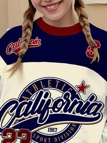 SHEIN 青少年女孩休闲复古字母和数字徽章图案圆领宽松运动衫和喇叭裤两件套服装，运动学院风，返校季，时尚 - 彩色 - 查看 4