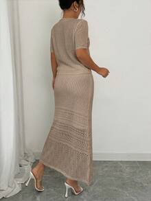 Elenzga Conjunto de 2 piezas de top de manga corta con diseño calado y falda mini de estilo francés blanco, primavera 2025 - Albaricoque - Ver 2