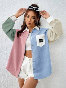 SHEIN EZwear 女款休閒日常對比色拼接基本款夾克 秋冬寬鬆版型鈕扣開襟襯衫外套 - 彩色 - 查看 4