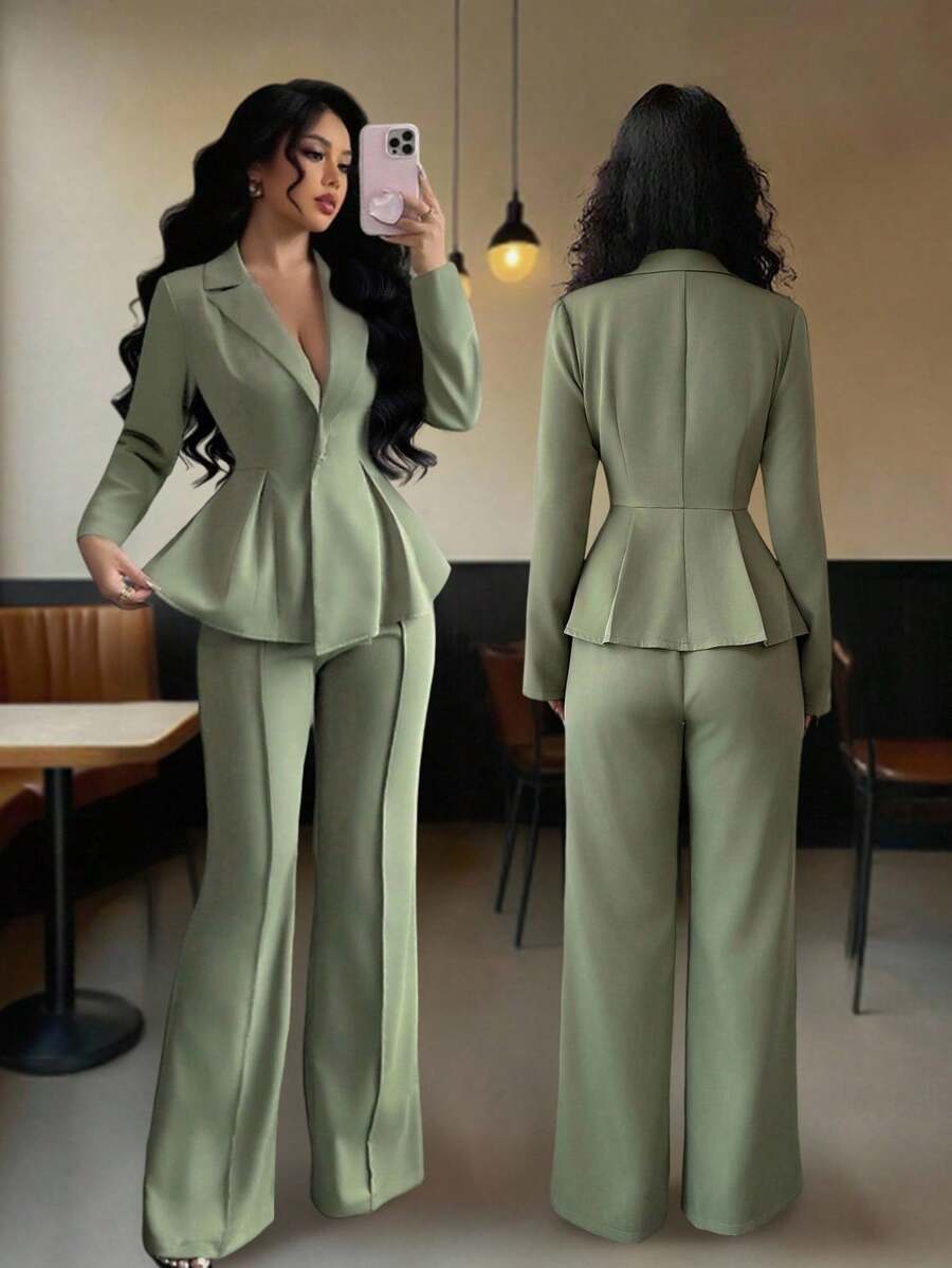 Elenzga 优雅束腰套装，时尚通勤喇叭修身裤，节日/约会装，独立日，女教师装