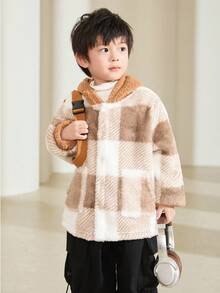 SHEIN 1件男童休閒保暖帶帽外套，格紋設計，加厚保暖，綿布內裡及口袋