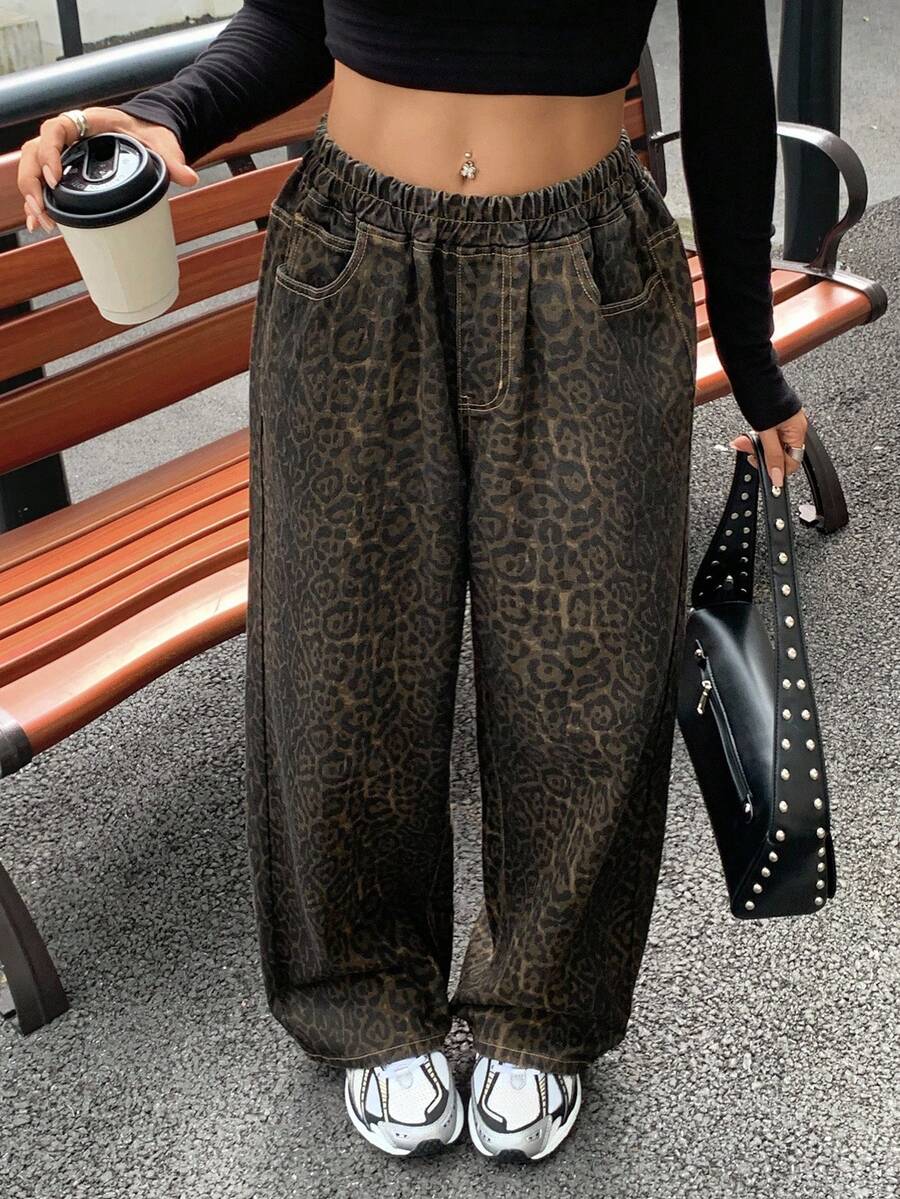Livesso Women's Loose Fit Casual Leopard Print Jeans, Fall Autumn - Coffee Brown - View 1