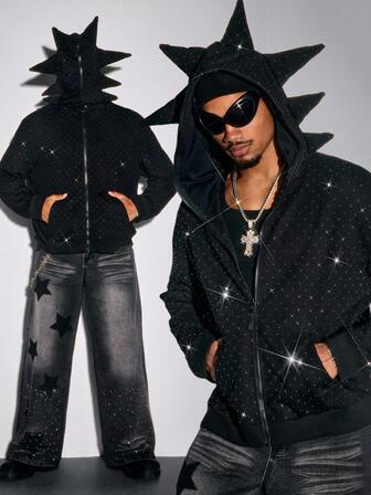 Street Life Gorro asimétrico de antena para hombres, sudadera con capucha con brillantes de rhinestone, estilo corto y suelto, otoño