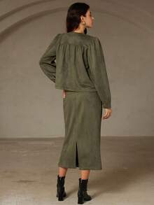 Chiquease 女士秋冬新款仿麂皮垫肩时尚别致宽松泡泡袖圆领直筒长袖夹克和裙子两件套 - 綠色 - 查看 2