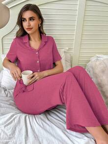 SHEIN Soft & Skin-Friendly Cardigan Button Closure Unisex Casual Pajama Set Button Up Pajama Set Comfy Pajama Set Women Lounge Wear Sets - Hot Pink - View 4