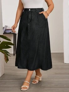 EMERY ROSE Plus Size Women Solid Color Washed Denim Skirt, Autumn/Winter - Dark Grey - View 3