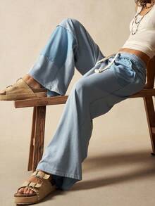 Bohemela Quần nỉ ống rộng dệt kim trơn màu phong cách BOHO dành cho nữ - Màu xanh nhạt - Xem 2