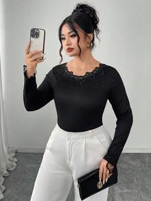 Modelyn 女式V领长袖刺绣水钻装饰优雅百搭加大码T恤 - 黑色 - 查看 4