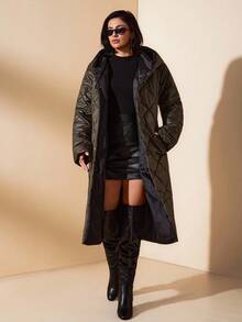 EURMUSE Women, Winter, Long Sleeve, Rhinestone, Quilted, Long Length, - Khaki - View 5