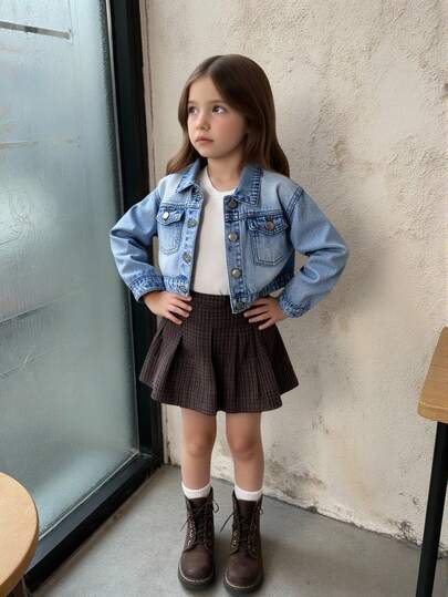 Girls' Street Chic Fashionable Metal Buckle, Symmetrical Pocket Classic Denim Blue Washed Casual Minimalist All-Season All-Match Versatile Collegiate Style Denim Jacket Fall Winter