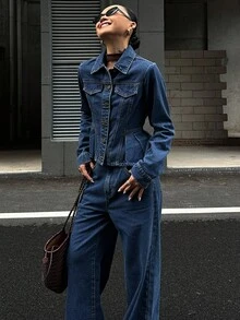 DAZY Women's Blue Regular Shoulder Long Sleeve Fashion Front Button Denim Suit - Blue - View 7