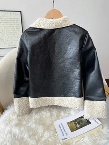 SHEIN 青少年女孩休闲时尚百搭超大领 PU 仿皮毛撞色口袋夹克，适合周末、休闲外出、返校、日常穿着，秋冬时尚女孩 - 黑色 - 查看 12