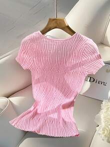 SHEIN LUNE Women's Asymmetrical Ribbed U-Neck Knit Top, Fitted Short Sleeve - Pink - View 2