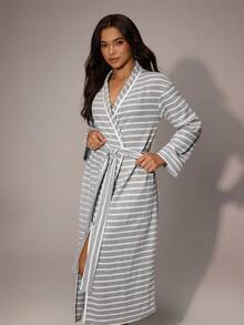 Lazeform Women's Striped Long Sleeve Casual Robe Sleepwear, Cozy Outfit, Fall & Winter - Light Grey - View 6