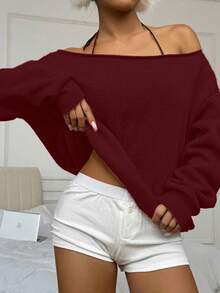 Flirla 女式纯色露肩长袖宽松羊毛运动衫 - 酒紅色 - 查看 4
