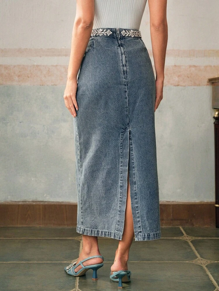 Luxury Handcrafted Diamond Embellished Women's Blue Denim Skirt