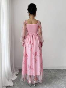 Elenzga 法式浪漫甜美粉色碎花春夏新款设计褶皱网眼收腰修身优雅泡泡袖女长袖连衣裙