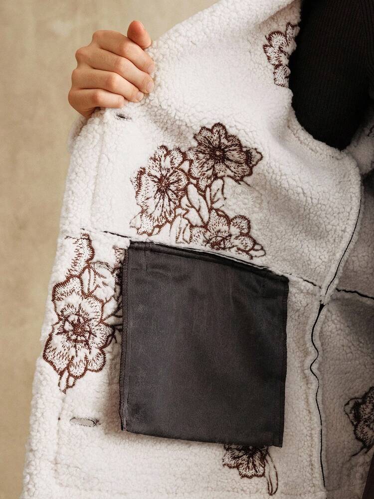 Jaqueta de Fleece Bordada Vintage Feminina, Outono/Inverno