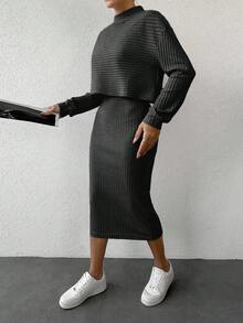 EURMUSE 2pcs Women Casual Ribbed Tank Dress & Pullover Top Set - Dark Grey - View 4