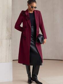 Aveloria Modichic Fashionable Versatile Commuter High-End Elaborate 3D Floral Design Long Lapel Blazer For Women, Regular Fit Holiday Party Clothes  - Burgundy - View 3