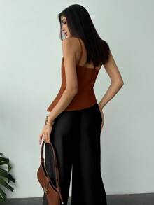 Firerie 全新优雅杏色亚麻不对称下摆褶饰腰部露背休闲衬衫，春夏 - 棕色 - 查看 2